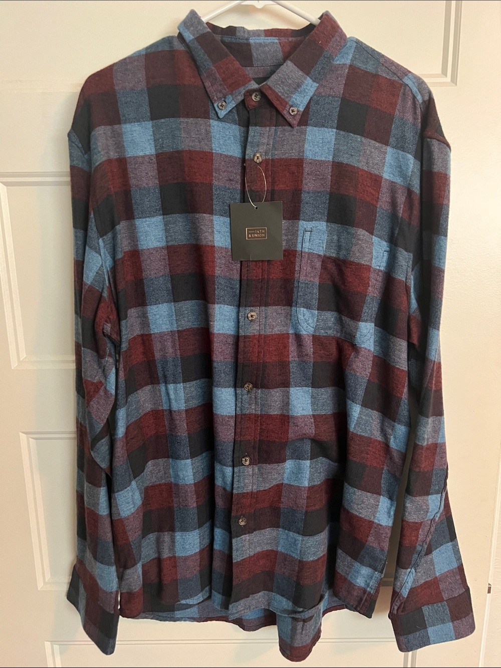 Men's Blue and Burgundy Plaid Button-Down Shirt NWT 14th & Union nordstroms XL